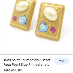 Vintage Yves Saint Laurent, faux pearl blue ❤️rhinestone gold square clip ons